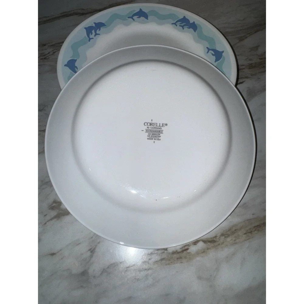 CORELLE CORNING WARE OCEAN DANCING BLUE DOLPHINS PLATES SOUP BOWLS 13 PCS
